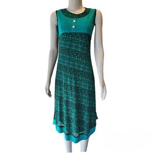 NWOT Slinky Spandex Jersey Dress Green  Tribal Print Midi Easy Wear-LARGE